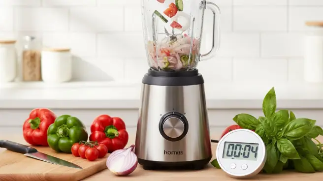 Blender maalt uien en tomaten, omringd door verse groenten; timer ernaast.