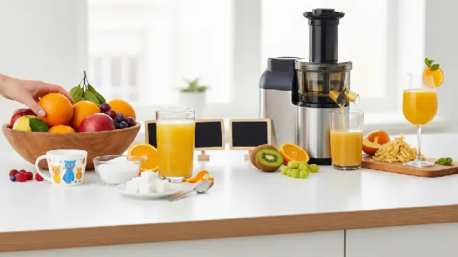 Vruchtensapmachine en fruit in een kom op een aanrecht.