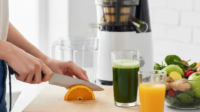 Persoon snijdt sinaasappel voor sap maken, met sapcentrifuge in keuken.
