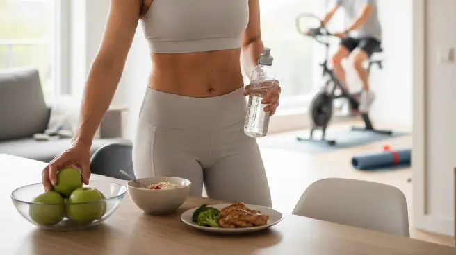 Vrouw met waterfles en gezonde maaltijd na het sporten op een hometrainer.