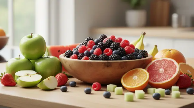 Grote schaal vol bessen, appels, watermeloen en citrusvruchten.