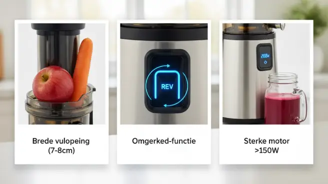 Kenmerken sterke juicer: brede vultrechter, omkeerfunctie en motor van 260 watt.