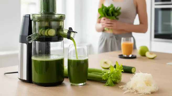 Slowjuicer maakt groentesap van selderij, mogelijk een alternatief voor fruitsap.