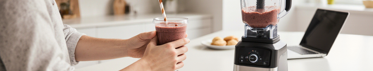vrouw werkt thuis op laptop met handige blender naast haar.