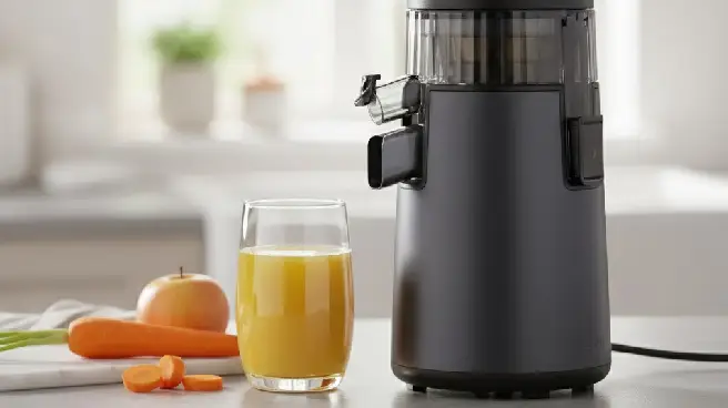 Zwarte juicer met een glas vers oranje sap, wortel en appel op een aanrecht.