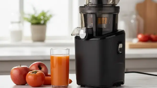 Zwarte juicer met vers sap, appel, tomaat en wortel op het aanrecht.