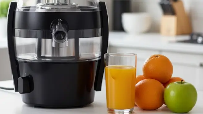Zwarte juicer van Philips met een glas vers sinaasappelsap.