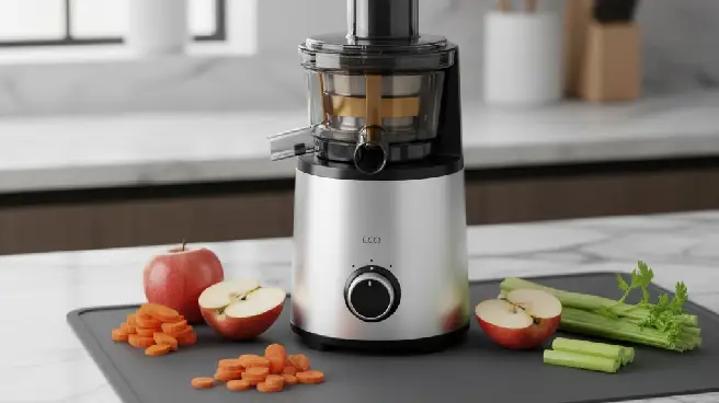 Stille RVS juicer met wortelen, appel en selderij op een snijplank.